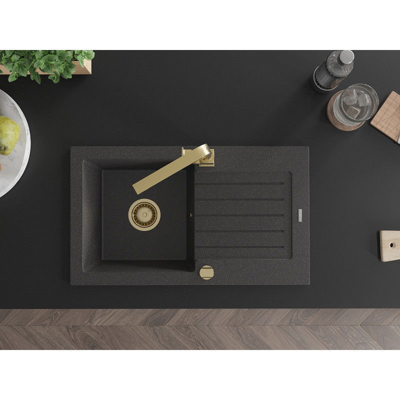 Mexen Pablo zlewozmywak granitowy 1-komorowy z ociekaczem i baterią kuchenną Rita, czarny nakrapiany- 6510-76-670300-50