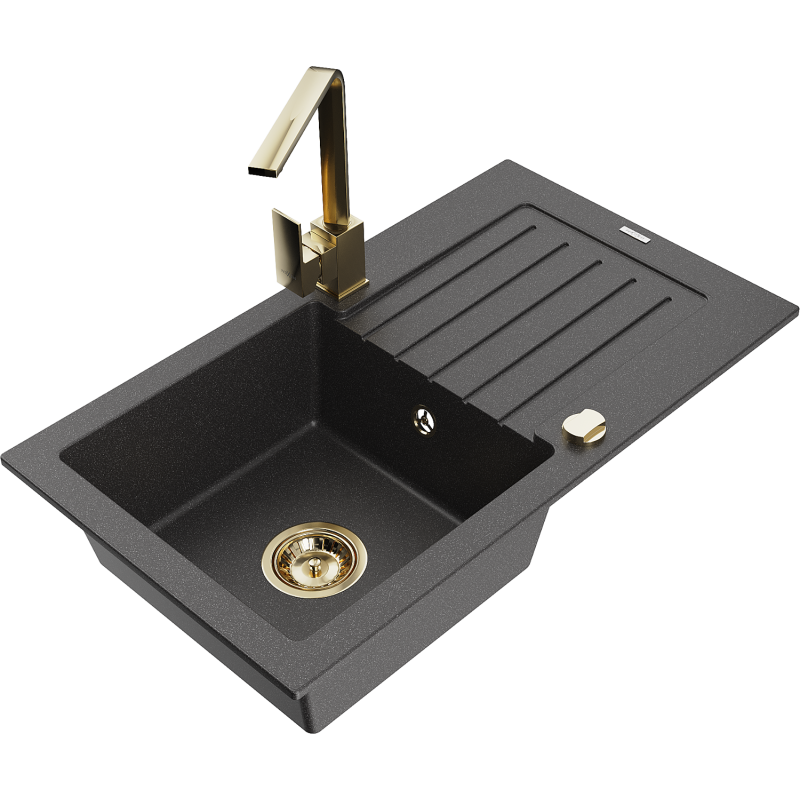 Mexen Pablo zlewozmywak granitowy 1-komorowy z ociekaczem i baterią kuchenną Rita, czarny nakrapiany- 6510-76-670300-50
