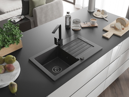 Mexen Pablo zlewozmywak granitowy 1-komorowy z ociekaczem i baterią kuchenną Rita, czarny nakrapiany- 6510-76-670300-70-B