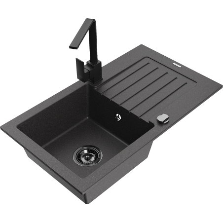 Mexen Pablo zlewozmywak granitowy 1-komorowy z ociekaczem i baterią kuchenną Rita, czarny nakrapiany- 6510-76-670300-70-B