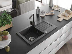 Mexen Pablo zlewozmywak granitowy 1-komorowy z ociekaczem i baterią kuchenną Rita, czarny nakrapiany- 6510-76-670300-76