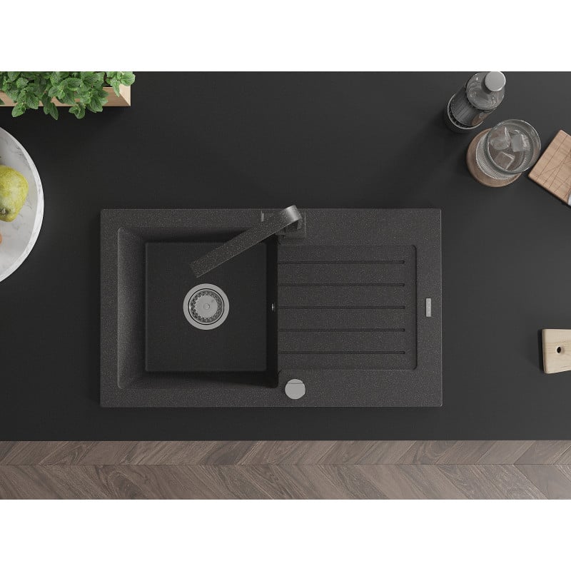 Mexen Pablo zlewozmywak granitowy 1-komorowy z ociekaczem i baterią kuchenną Rita, czarny nakrapiany- 6510-76-670300-76