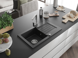 Mexen Pablo zlewozmywak granitowy 1-komorowy z ociekaczem i baterią kuchenną Rita, czarny - 6510-77-670300-00