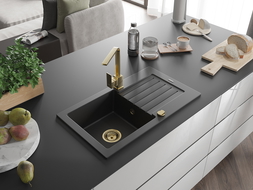 Mexen Pablo zlewozmywak granitowy 1-komorowy z ociekaczem i baterią kuchenną Rita, czarny - 6510-77-670300-50