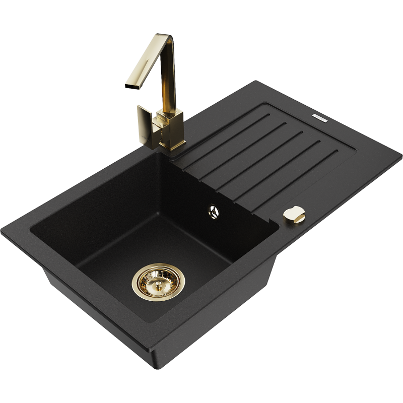 Mexen Pablo zlewozmywak granitowy 1-komorowy z ociekaczem i baterią kuchenną Rita, czarny - 6510-77-670300-50