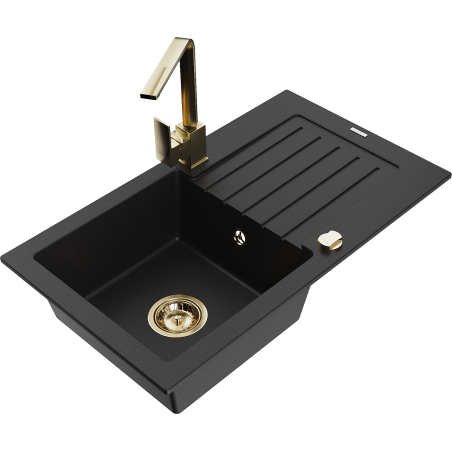 Mexen Pablo zlewozmywak granitowy 1-komorowy z ociekaczem i baterią kuchenną Rita, czarny - 6510-77-670300-50