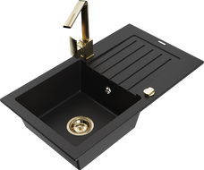 Mexen Pablo zlewozmywak granitowy 1-komorowy z ociekaczem i baterią kuchenną Rita, czarny - 6510-77-670300-50