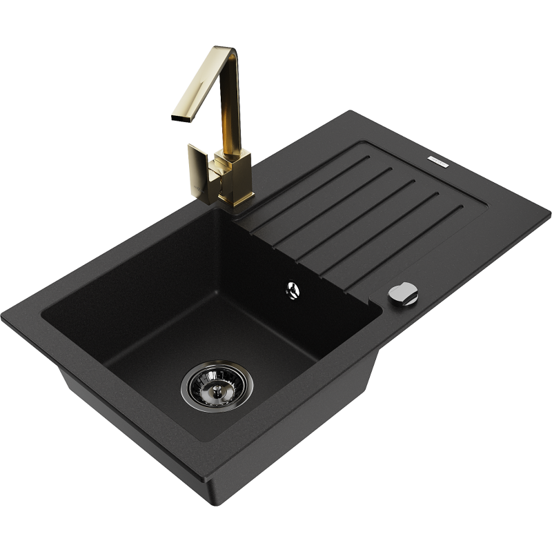 Mexen Pablo zlewozmywak granitowy 1-komorowy z ociekaczem i baterią kuchenną Rita, czarny - 6510-77-670300-50-B