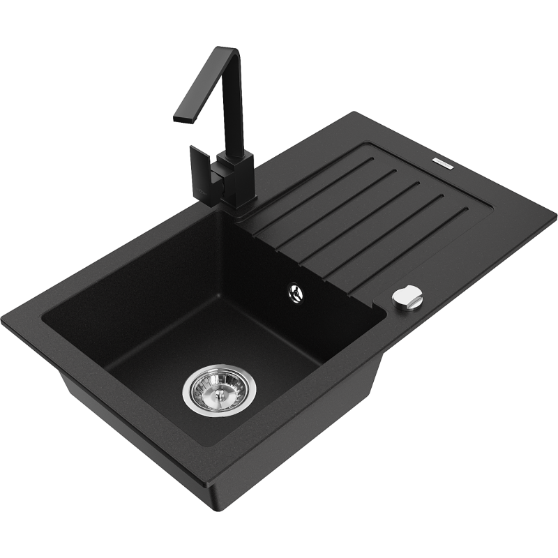 Mexen Pablo zlewozmywak granitowy 1-komorowy z ociekaczem i baterią kuchenną Rita, czarny - 6510-77-670300-70