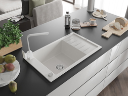 Mexen Elias zlewozmywak granitowy 1-komorowy z ociekaczem i baterią kuchenną Rita, biały - 6511-20-670300-20