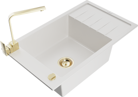 Mexen Elias zlewozmywak granitowy 1-komorowy z ociekaczem i baterią kuchenną Rita, biały - 6511-20-670300-50