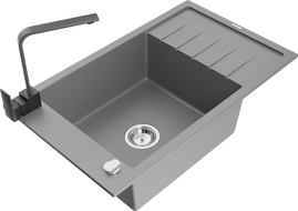 Mexen Elias zlewozmywak granitowy 1-komorowy z ociekaczem i baterią kuchenną Rita, szary - 6511-71-670300-70