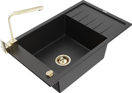 Mexen Elias zlewozmywak granitowy 1-komorowy z ociekaczem i baterią kuchenną Rita, czarny/srebrny metalik - 6511-73-670300-50