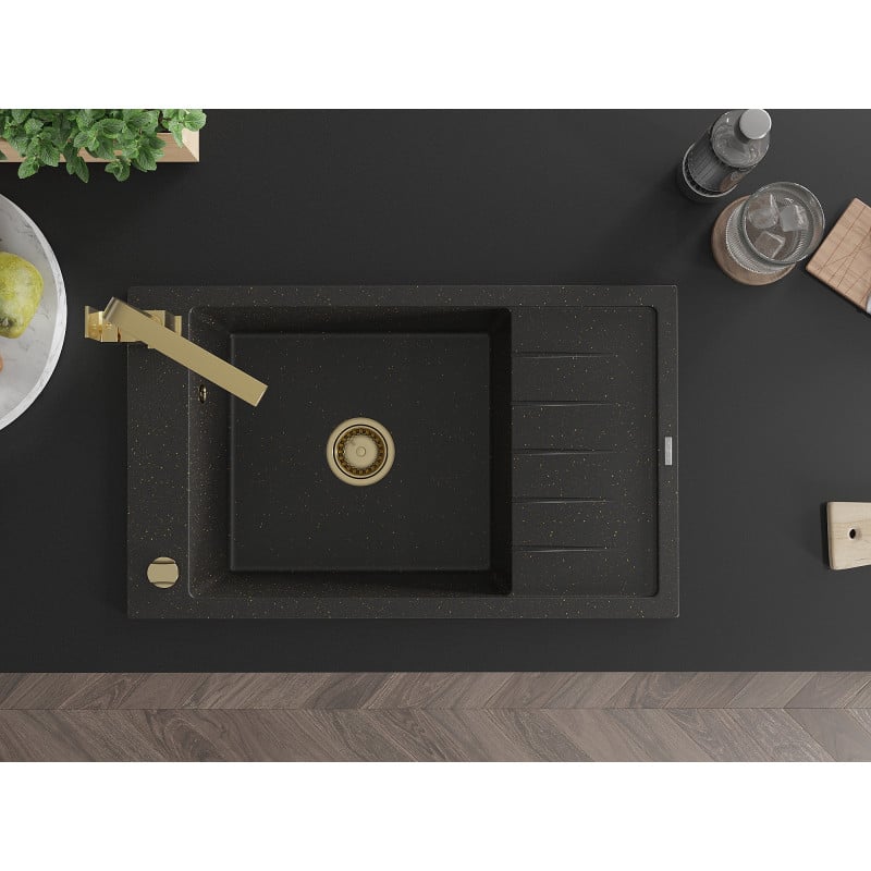 Mexen Elias zlewozmywak granitowy 1-komorowy z ociekaczem i baterią kuchenną Rita, czarny/złoty metalik - 6511-75-670300-50