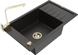 Mexen Elias zlewozmywak granitowy 1-komorowy z ociekaczem i baterią kuchenną Rita, czarny/złoty metalik - 6511-75-670300-50