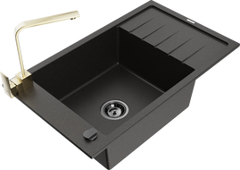Mexen Elias zlewozmywak granitowy 1-komorowy z ociekaczem i baterią kuchenną Rita, czarny/złoty metalik - 6511-75-670300-50-B