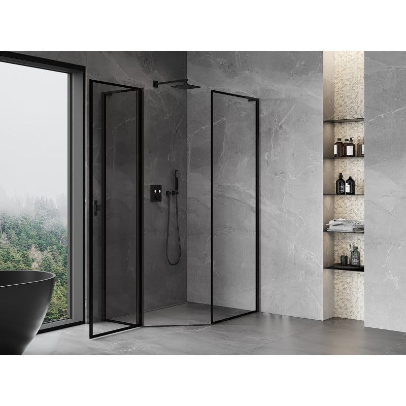 Mexen Mist L kabina prysznicowa pięciokątna asymetryczna uchylna lewa 80 x 100 cm, czarna ramka, czarna - 8A8L-080-100-70-70-L