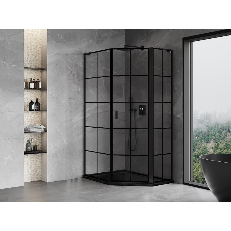 Mexen Mist L kabina prysznicowa pięciokątna asymetryczna uchylna prawa 80 x 90 cm, czarna kratka, czarna - 8A8L-080-090-70-77-P