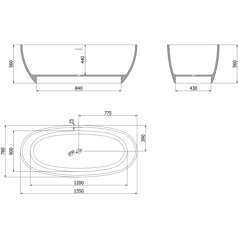 Mexen Torino wanna wolnostojąca z konglomeratu 155 x 78 cm, beton mat - 57271557861