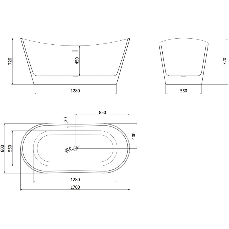 Mexen Montana wanna wolnostojąca 170 x 80 cm, biała, przelew biały - 52011708000-20