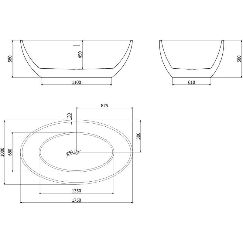Mexen Nike wanna wolnostojąca 175 x 100 cm, biała/czarna, przelew nikiel szczotkowany - 54071751075-97