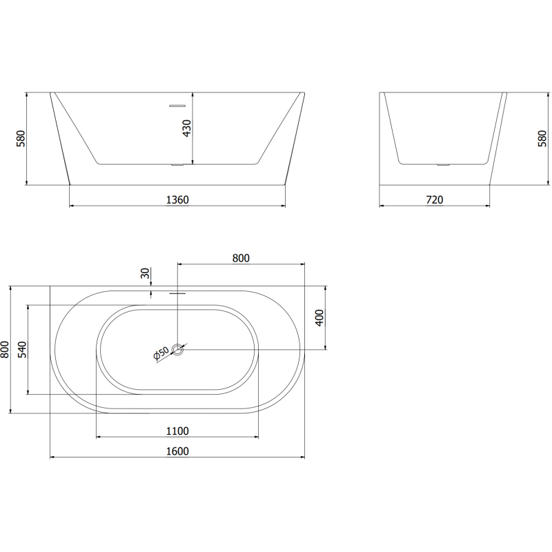Mexen Oval wanna wolnostojąca przyścienna 160 x 80 cm, biała, przelew gun metal - 52671608000-95