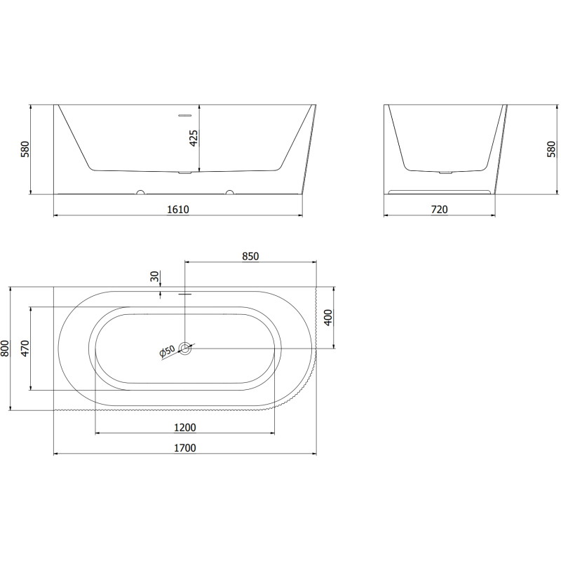 Mexen Silo wanna wolnostojąca narożna lewa ryflowana  170 x 80 cm, biała/szara, przelew nikiel szczotkowany - 52891708062L-97