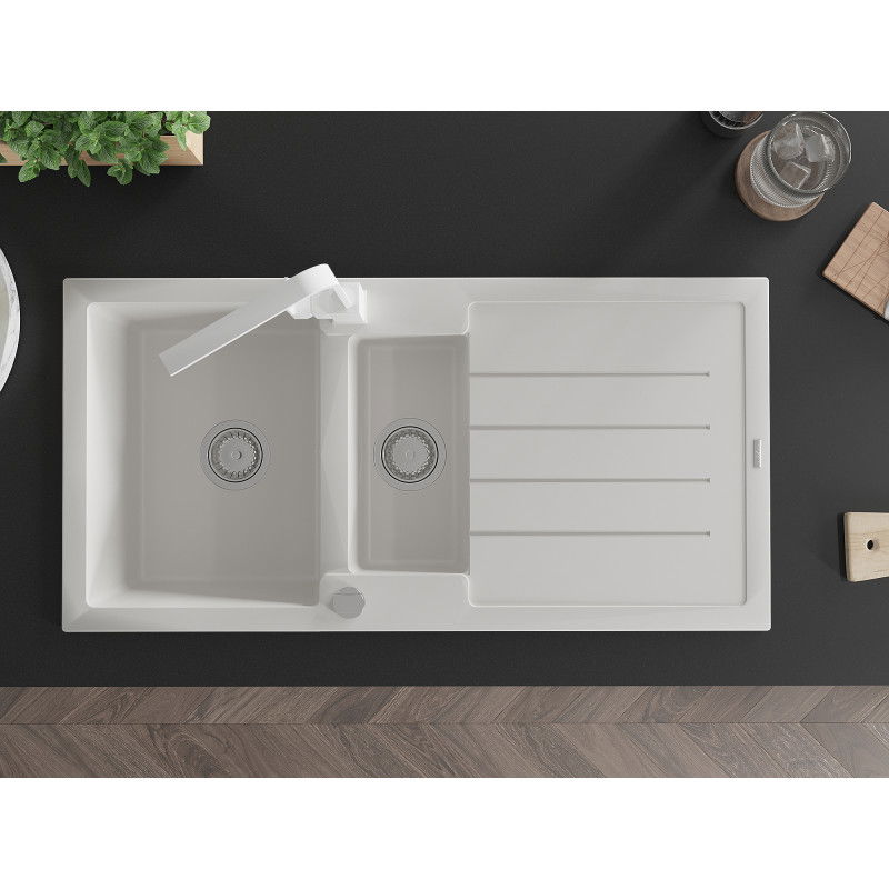 Mexen Andres zlewozmywak granitowy 1,5-komorowy z ociekaczem i baterią kuchenną Rita, biały - 6515-20-670300-20