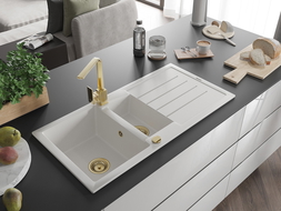 Mexen Andres zlewozmywak granitowy 1,5-komorowy z ociekaczem i baterią kuchenną Rita, biały - 6515-20-670300-50