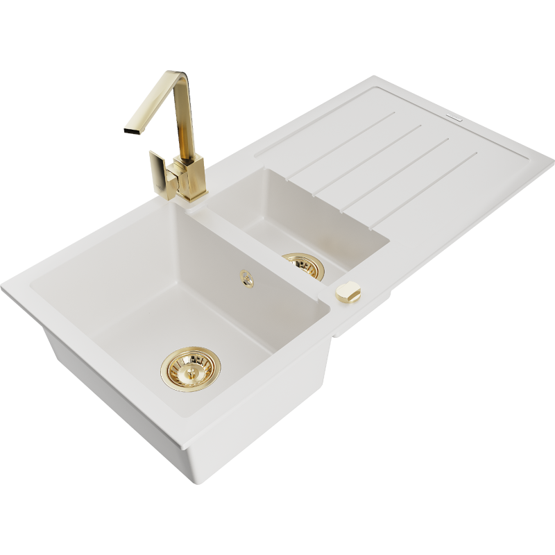 Mexen Andres zlewozmywak granitowy 1,5-komorowy z ociekaczem i baterią kuchenną Rita, biały - 6515-20-670300-50