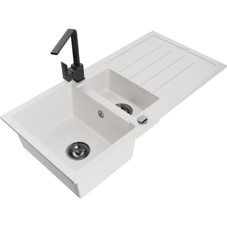 Mexen Andres zlewozmywak granitowy 1,5-komorowy z ociekaczem i baterią kuchenną Rita, biały - 6515-20-670300-70