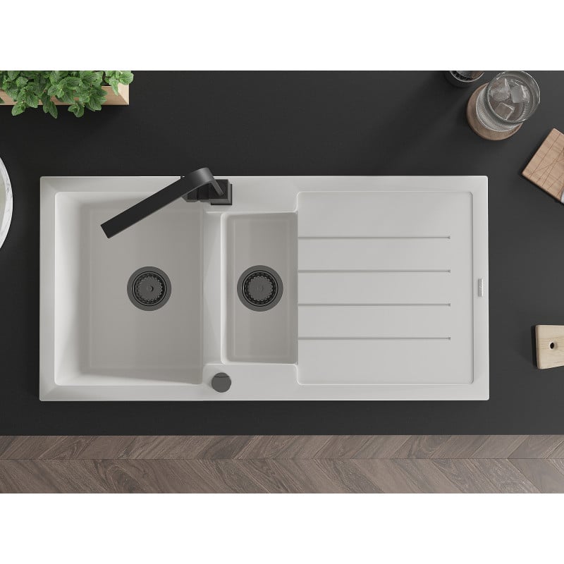 Mexen Andres zlewozmywak granitowy 1,5-komorowy z ociekaczem i baterią kuchenną Rita, biały - 6515-20-670300-70