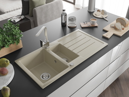 Mexen Andres zlewozmywak granitowy 1,5-komorowy z ociekaczem i baterią kuchenną Rita, beżowy - 6515-69-670300-00