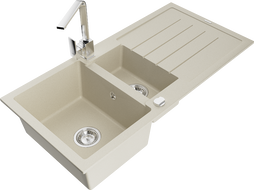 Mexen Andres zlewozmywak granitowy 1,5-komorowy z ociekaczem i baterią kuchenną Rita, beżowy - 6515-69-670300-00