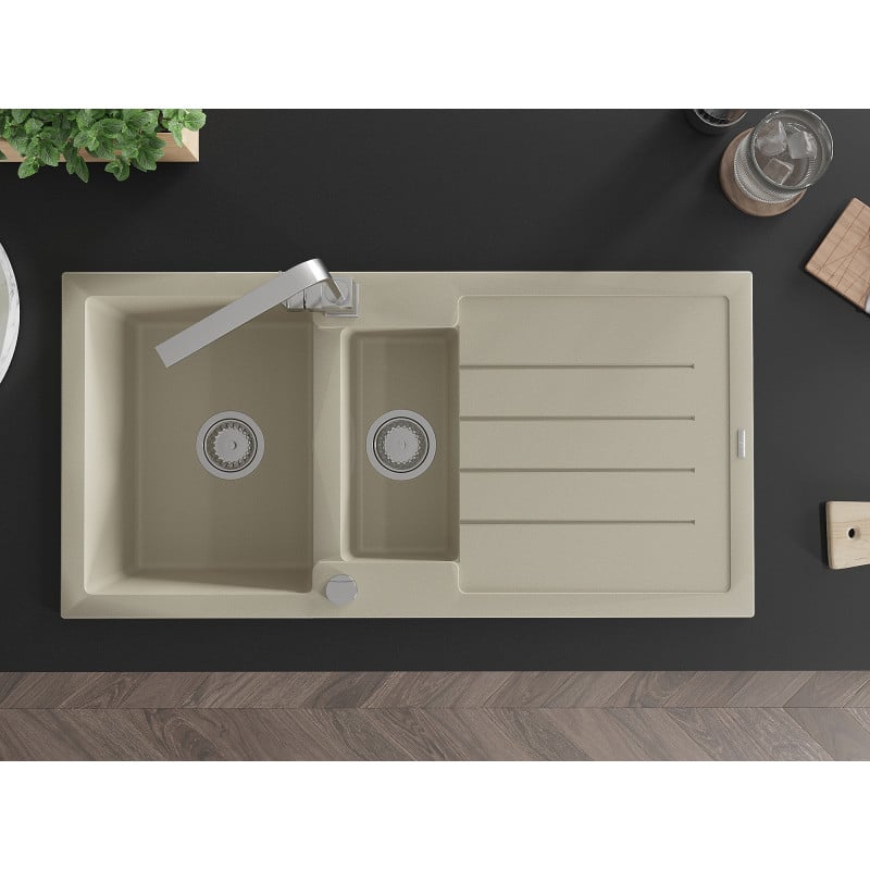 Mexen Andres zlewozmywak granitowy 1,5-komorowy z ociekaczem i baterią kuchenną Rita, beżowy - 6515-69-670300-00