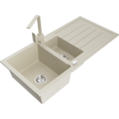 Mexen Andres zlewozmywak granitowy 1,5-komorowy z ociekaczem i baterią kuchenną Rita, beżowy - 6515-69-670300-69