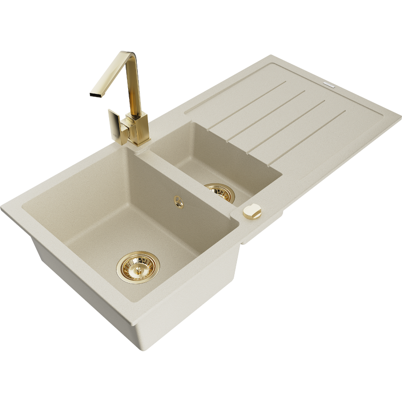 Mexen Andres zlewozmywak granitowy 1,5-komorowy z ociekaczem i baterią kuchenną Rita, beżowy - 6515-69-670300-50