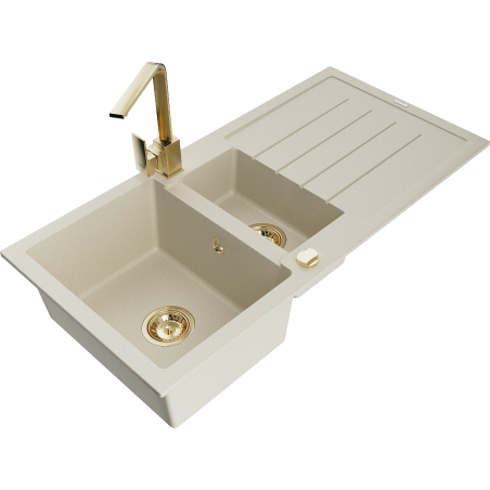 Mexen Andres zlewozmywak granitowy 1,5-komorowy z ociekaczem i baterią kuchenną Rita, beżowy - 6515-69-670300-50