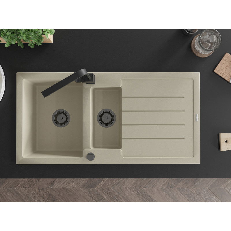Mexen Andres zlewozmywak granitowy 1,5-komorowy z ociekaczem i baterią kuchenną Rita, beżowy - 6515-69-670300-70