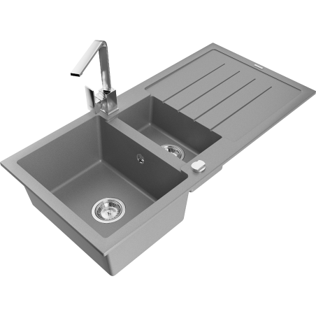 Mexen Andres zlewozmywak granitowy 1,5-komorowy z ociekaczem i baterią kuchenną Rita, szary - 6515-71-670300-00
