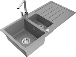 Mexen Andres zlewozmywak granitowy 1,5-komorowy z ociekaczem i baterią kuchenną Rita, szary - 6515-71-670300-00