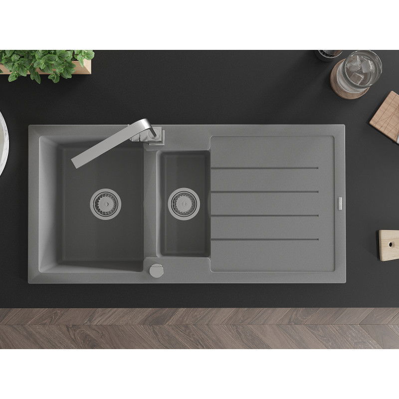 Mexen Andres zlewozmywak granitowy 1,5-komorowy z ociekaczem i baterią kuchenną Rita, szary - 6515-71-670300-00