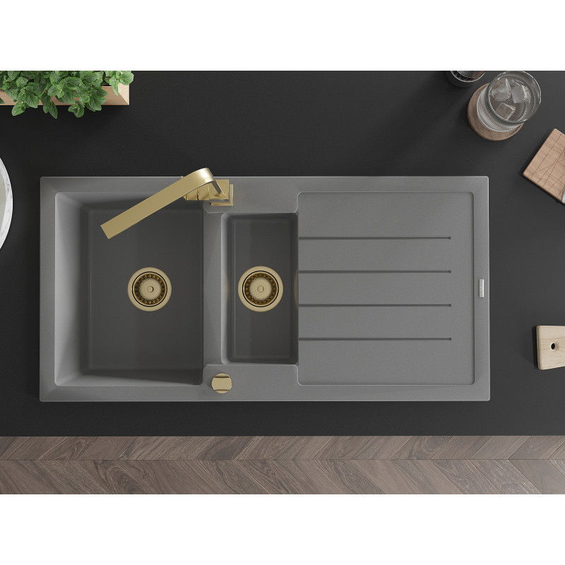 Mexen Andres zlewozmywak granitowy 1,5-komorowy z ociekaczem i baterią kuchenną Rita, szary - 6515-71-670300-50