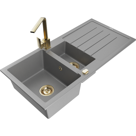 Mexen Andres zlewozmywak granitowy 1,5-komorowy z ociekaczem i baterią kuchenną Rita, szary - 6515-71-670300-50