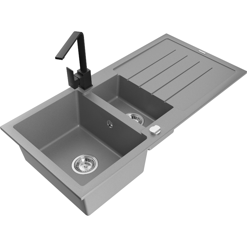 Mexen Andres zlewozmywak granitowy 1,5-komorowy z ociekaczem i baterią kuchenną Rita, szary - 6515-71-670300-70