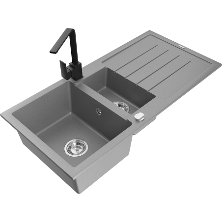 Mexen Andres zlewozmywak granitowy 1,5-komorowy z ociekaczem i baterią kuchenną Rita, szary - 6515-71-670300-70