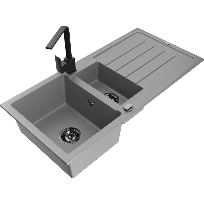 Mexen Andres zlewozmywak granitowy 1,5-komorowy z ociekaczem i baterią kuchenną Rita, szary - 6515-71-670300-70-B