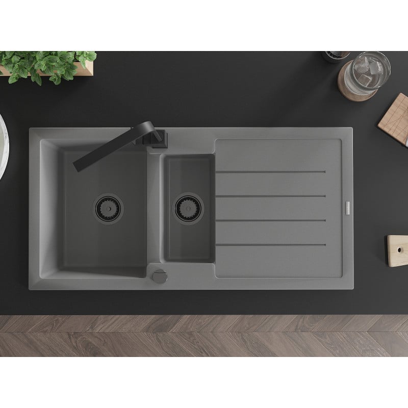 Mexen Andres zlewozmywak granitowy 1,5-komorowy z ociekaczem i baterią kuchenną Rita, szary - 6515-71-670300-70-B