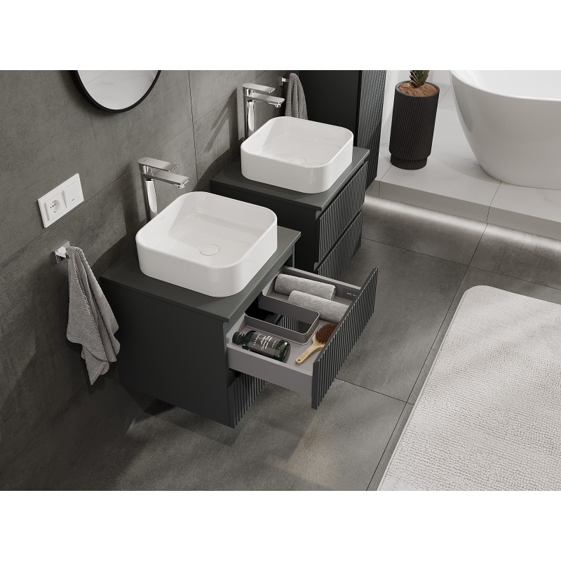 Mexen Rivel szafka łazienkowa podumywalkowa 50 cm z blatem, 2 szuflady, ryflowana , grafit mat - 91A20-05047-2-BFFC66