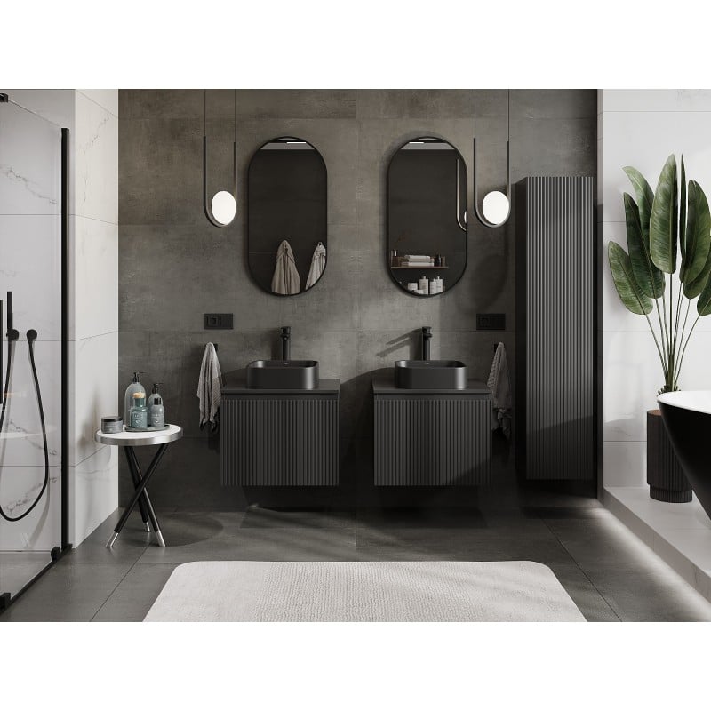 Mexen Rivel szafka łazienkowa podumywalkowa 60 cm z blatem, 1 szuflada, ryflowana , czarna mat - 91A20-06047-1-BFC71